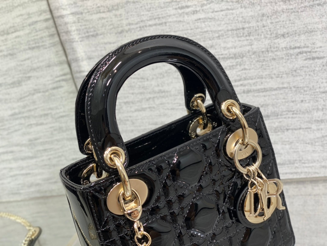 Dior Black Quilted Patent Leather Mini Top Handle Handbag with Gold Chain
