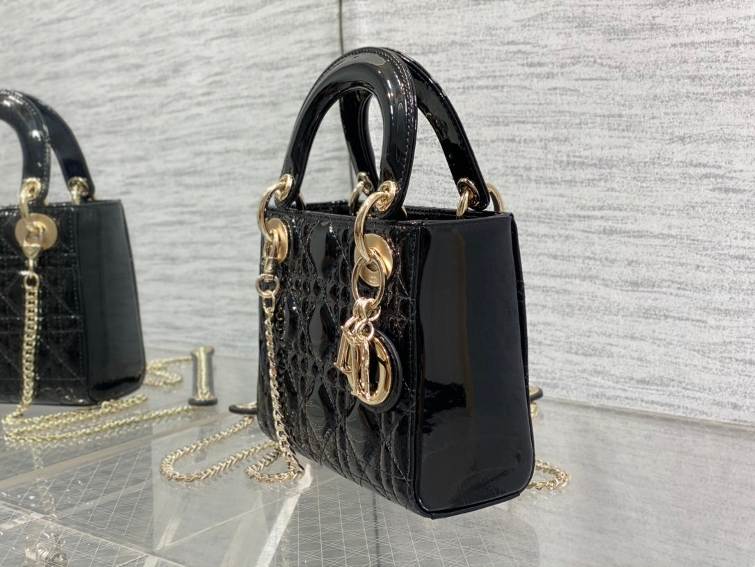 Dior Mini Quilted Black Patent Leather Top Handle Handbag with Gold Chain