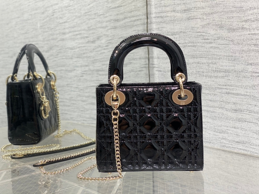 Dior Mini Quilted Black Patent Leather Top Handle Handbag with Gold Chain