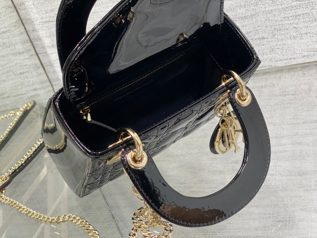 Dior Black Quilted Patent Leather Mini Top Handle Handbag with Gold Chain
