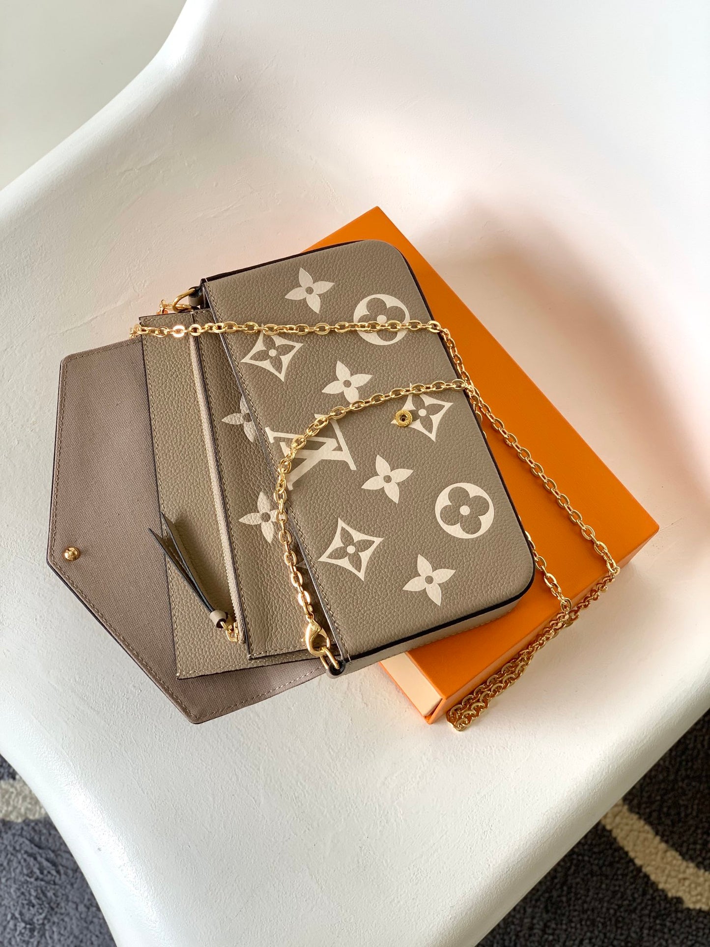 Louis Vuitton Taupe Monogram Leather Envelope Clutch Purse with Gold Chain