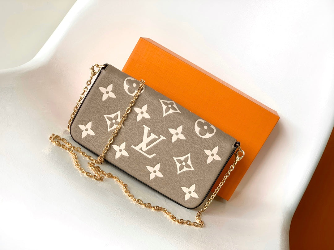 Louis Vuitton Taupe Monogram Leather Envelope Clutch Purse with Gold Chain