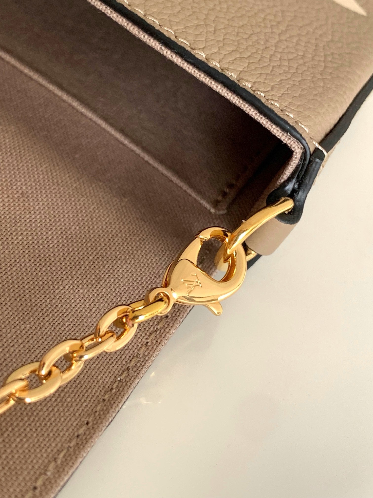 Louis Vuitton Taupe Monogram Leather Envelope Clutch Purse with Gold Chain