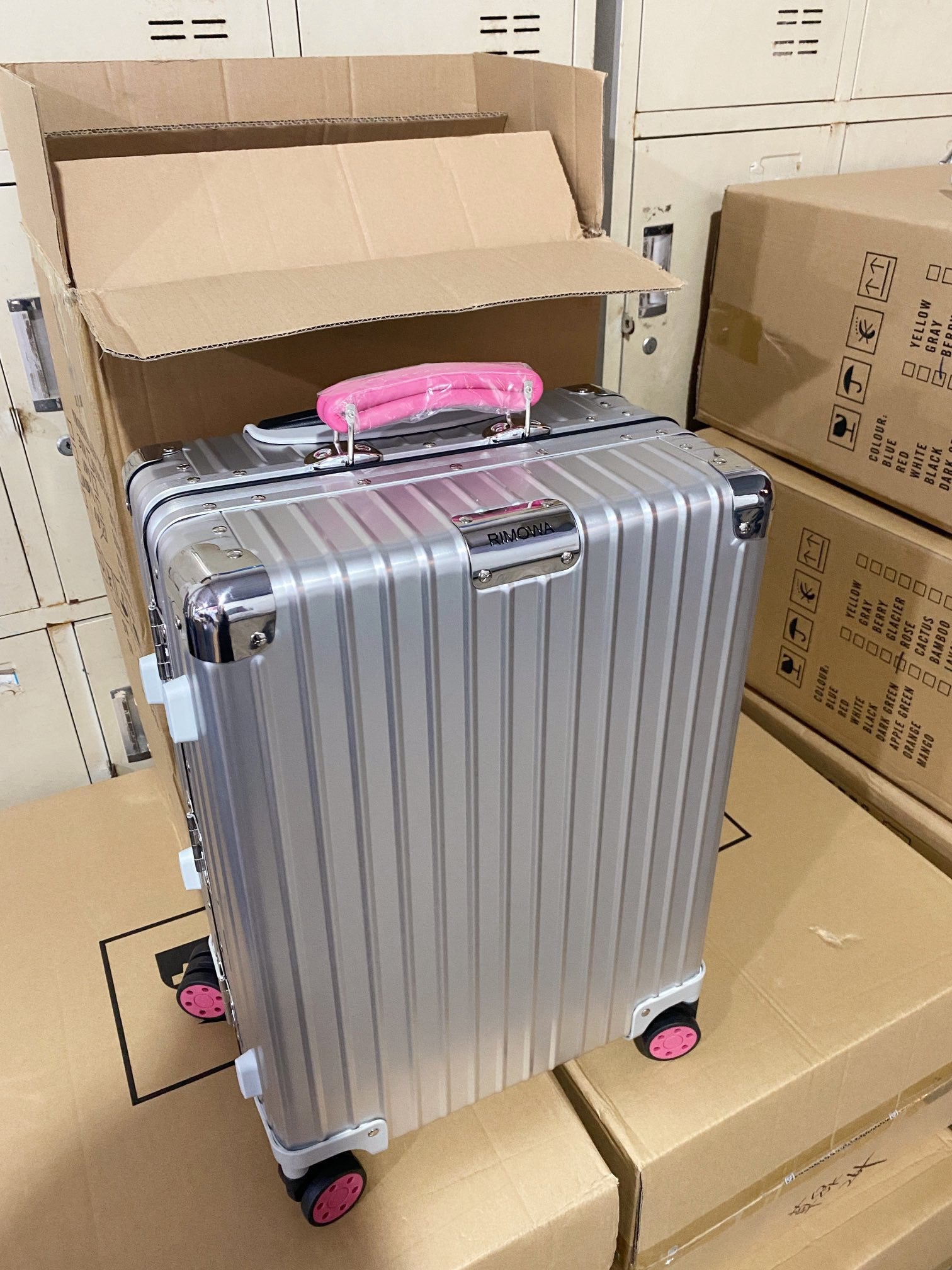 Silver Hardside Spinner Luggage with Pink Wheels and Handle