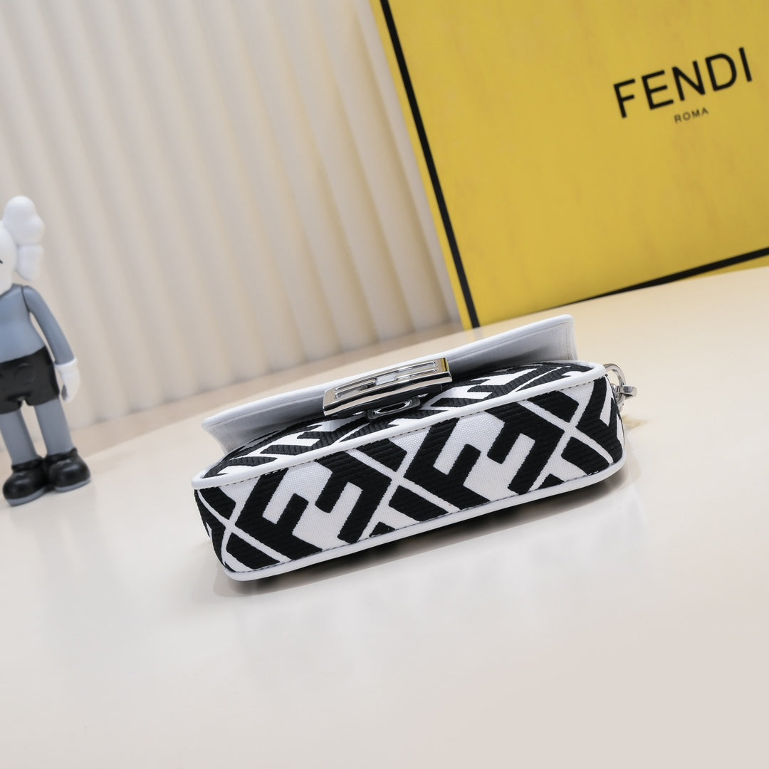 Fendi Baguette Bag Black and White FF Logo Print Leather Shoulder Bag