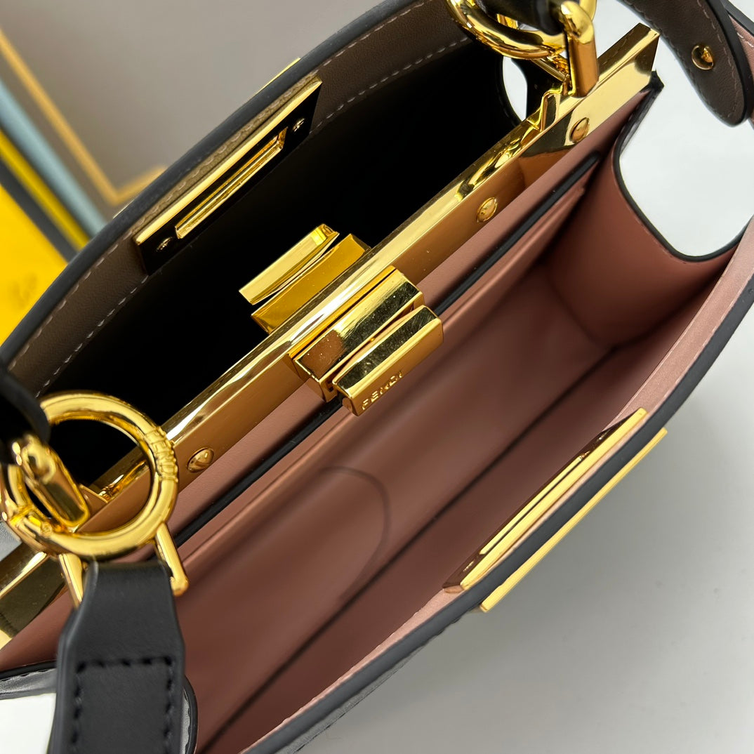 Elegant Black Structured Handbag with Gold Hardware and Shoulder Strap - 27cm x 21cm x 9cm