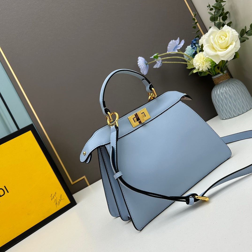 Elegant Light Blue Leather Top-Handle Bag - Medium 27cm