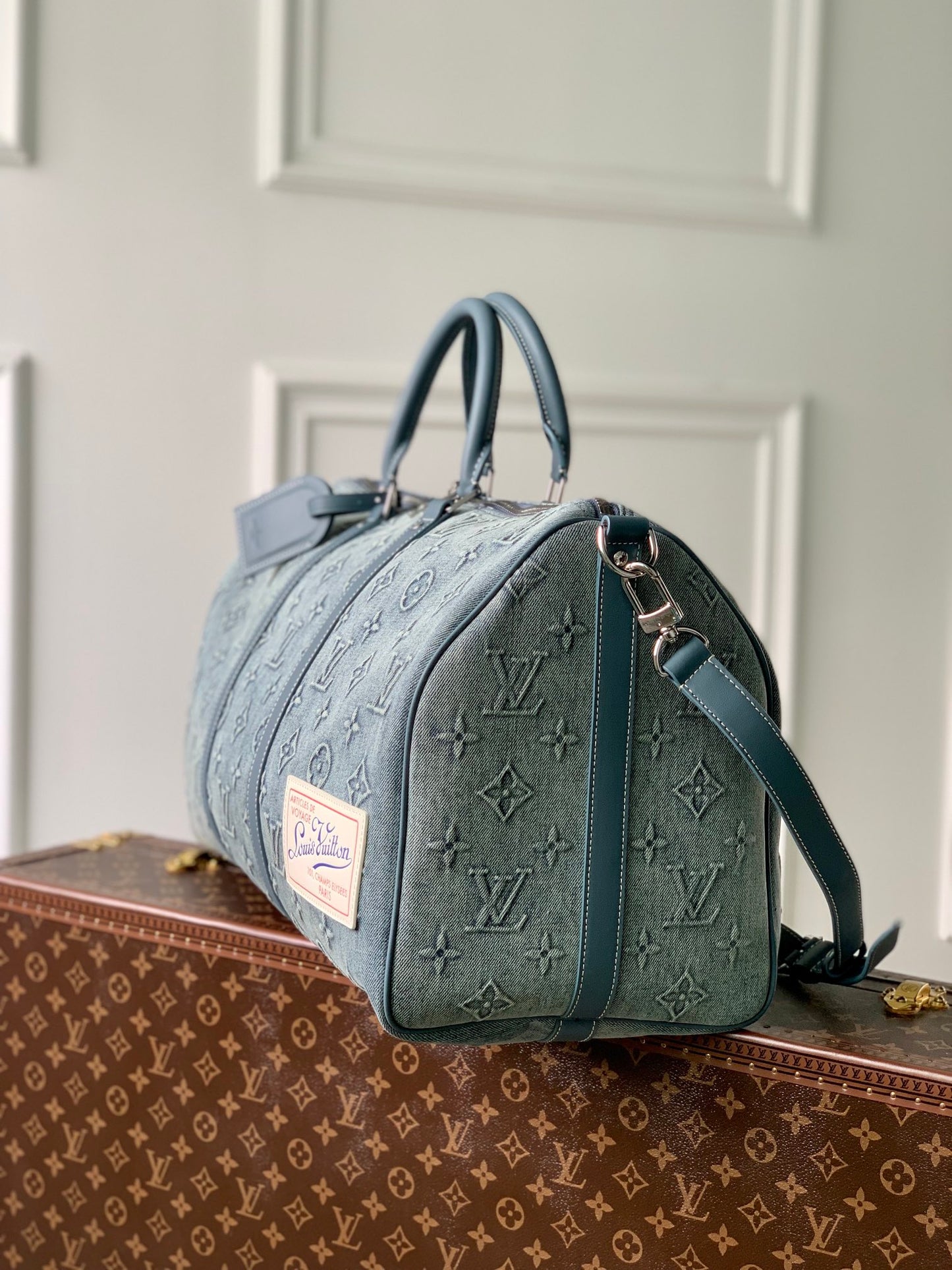 Louis Vuitton Keepall Bandoulière 50 Monogram Washed Denim Blue Travel Bag
