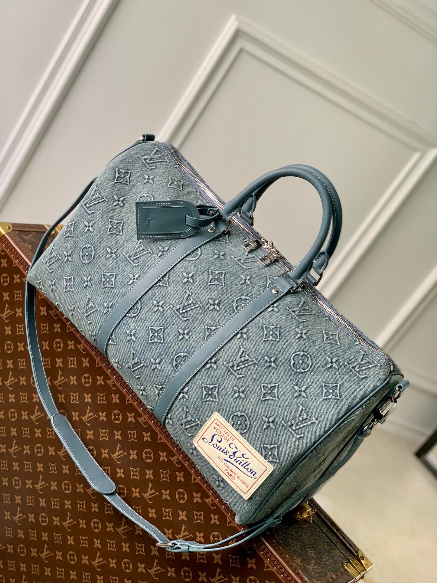 Louis Vuitton Teal Embossed Monogram Travel Duffle Bag with Shoulder Strap