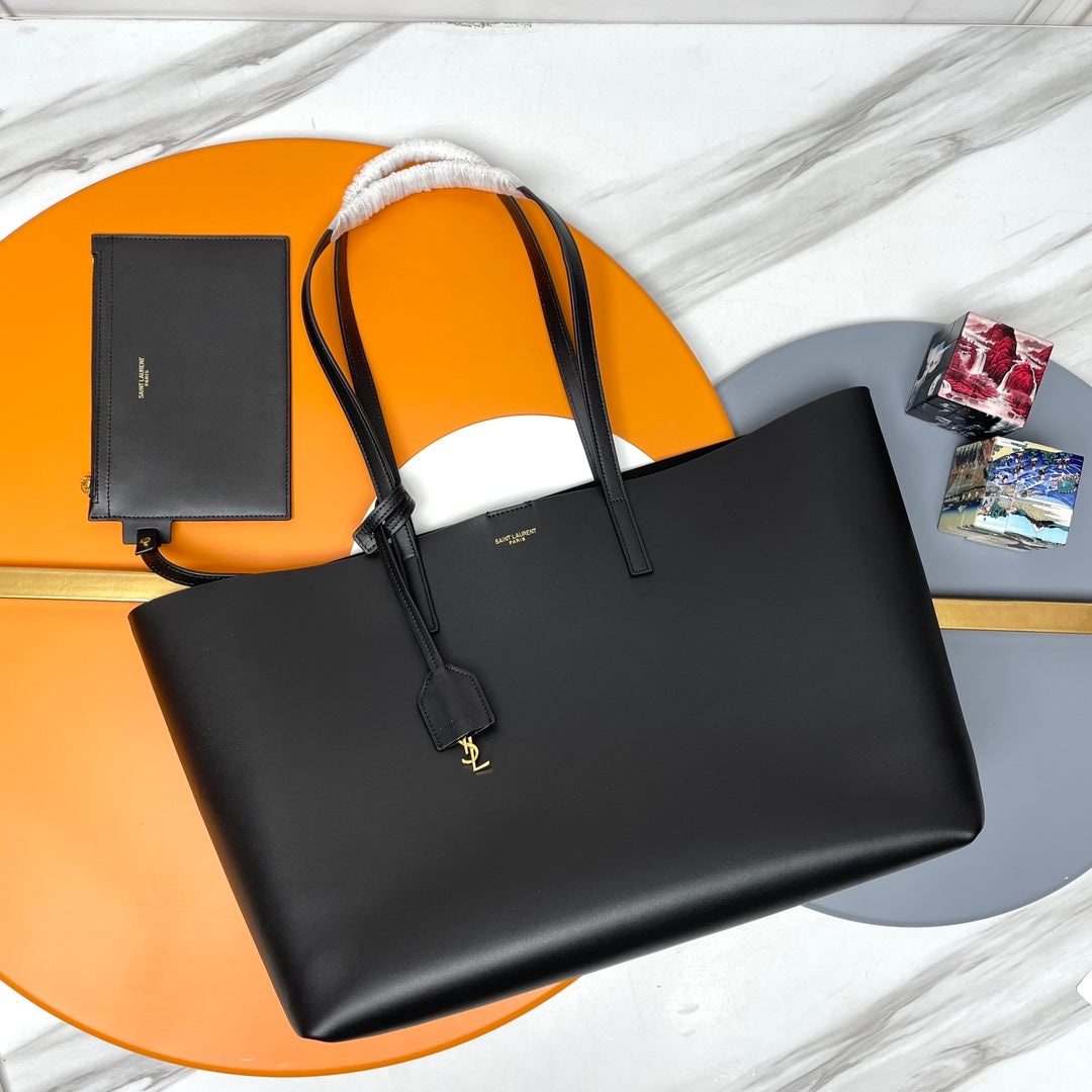 Saint Laurent Shopping E/W Leather Tote Bag with Pouch - Black