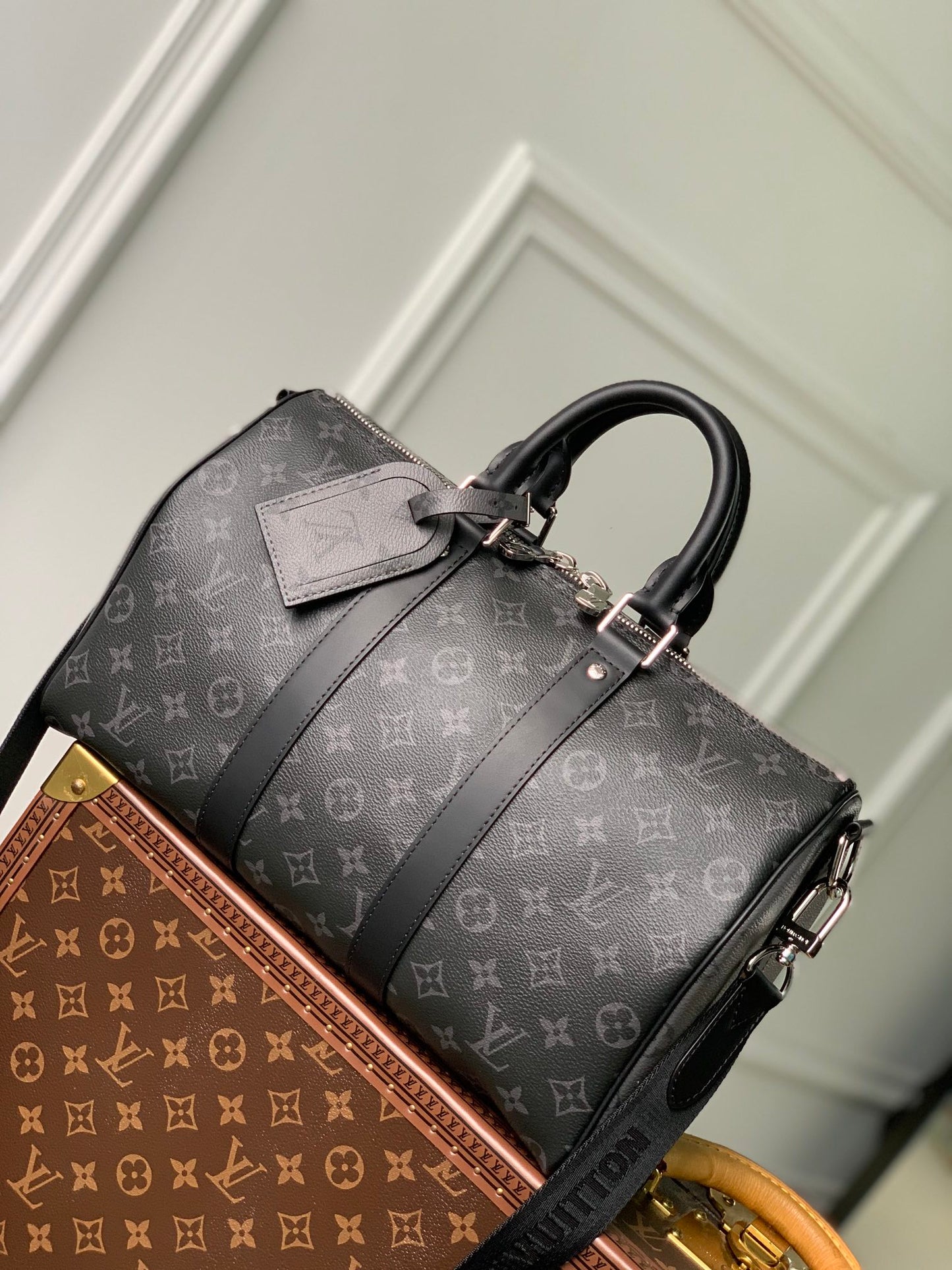 Louis Vuitton Classic Black Monogram Travel Duffle Bag with Shoulder Strap