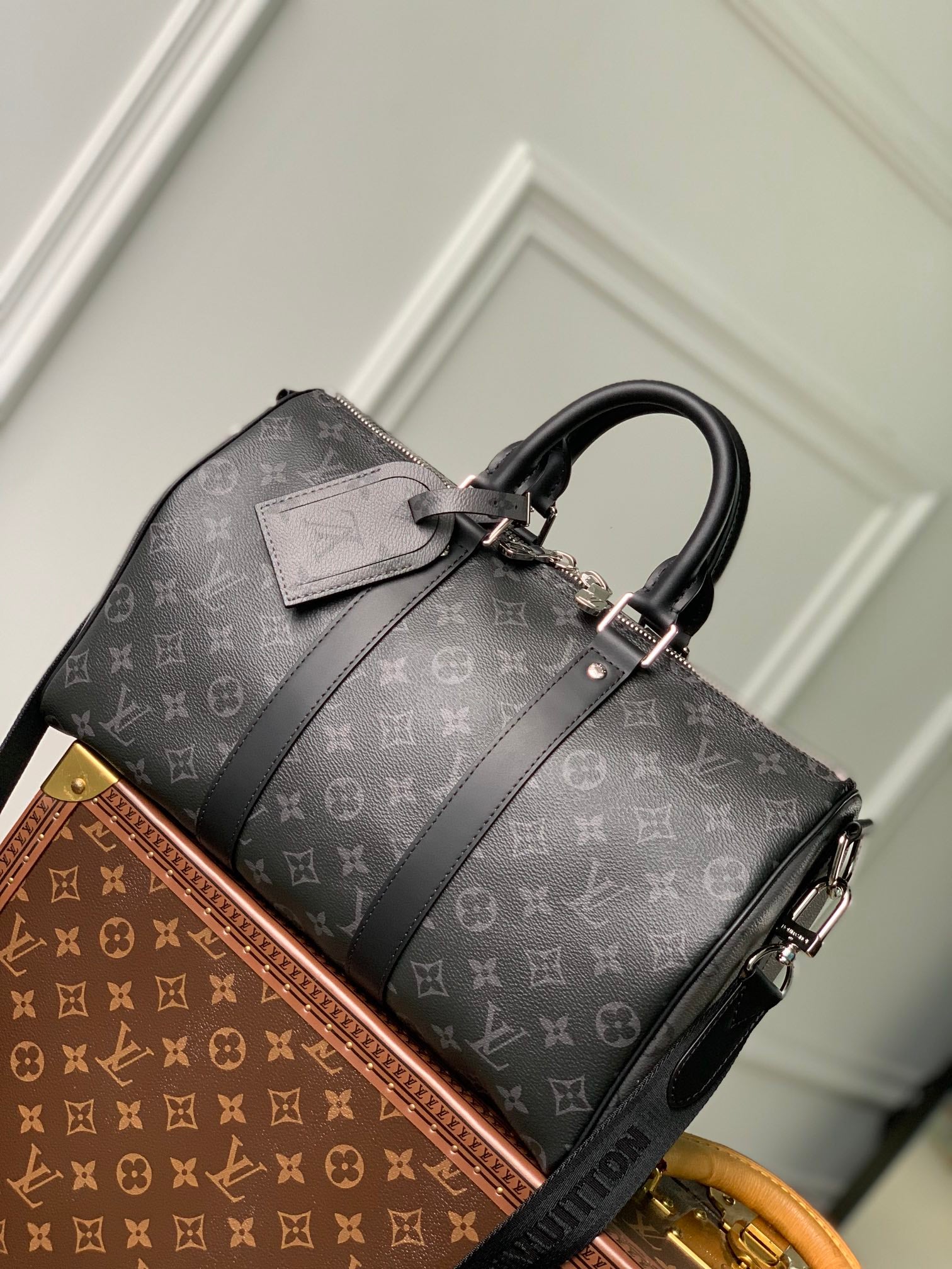 Louis Vuitton Classic Black Monogram Travel Duffle Bag with Shoulder Strap