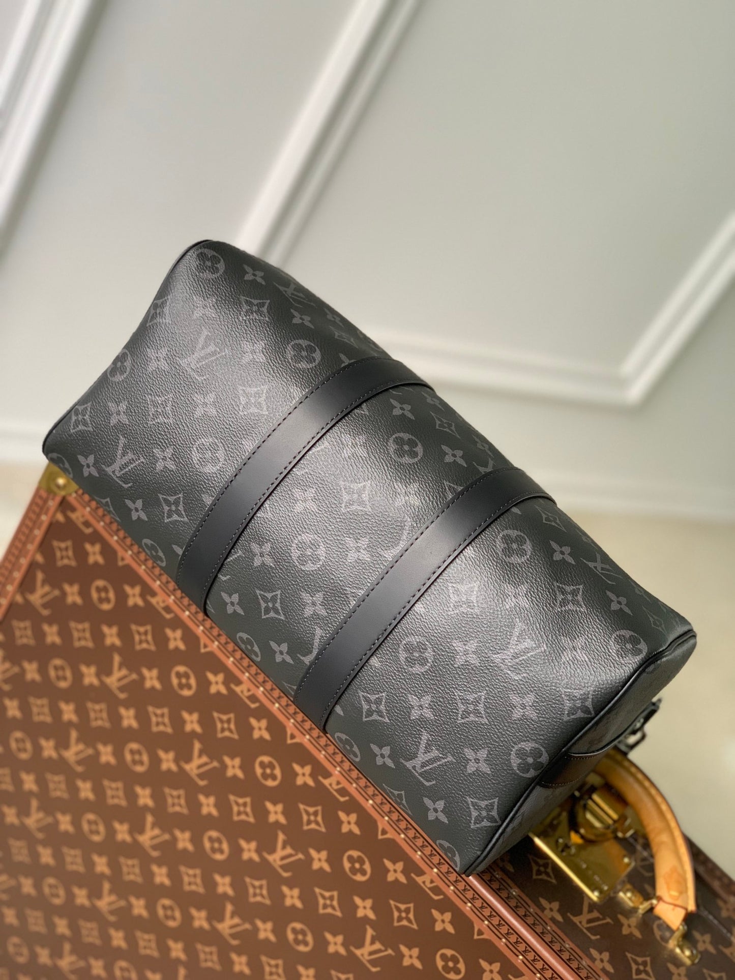 Louis Vuitton Classic Black Monogram Travel Duffle Bag with Shoulder Strap