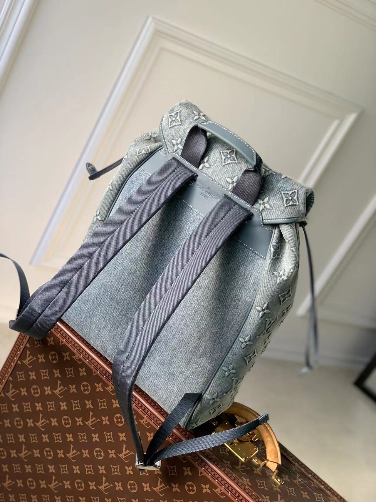Louis Vuitton Light Grey Embossed Monogram Leather Backpack with Buckle Flap