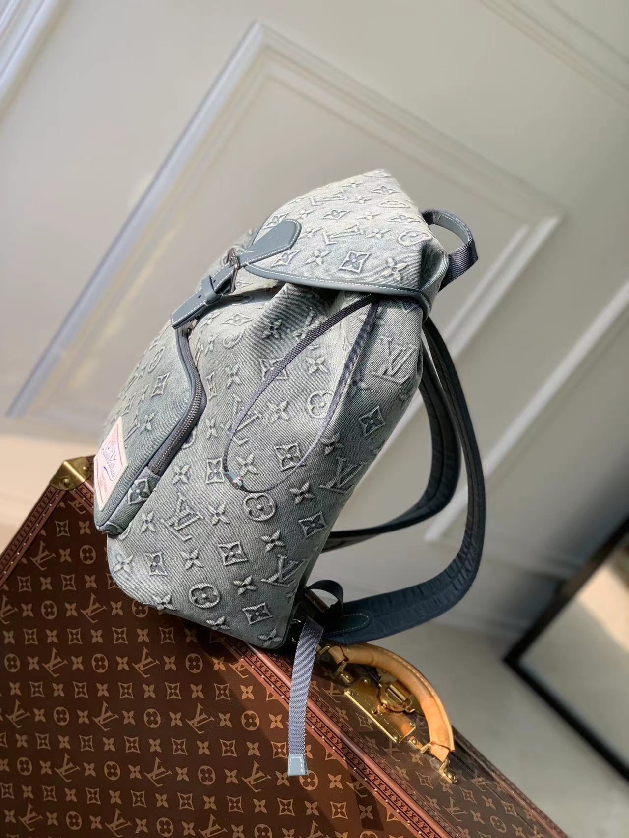 Louis Vuitton Light Grey Embossed Monogram Leather Backpack with Buckle Flap