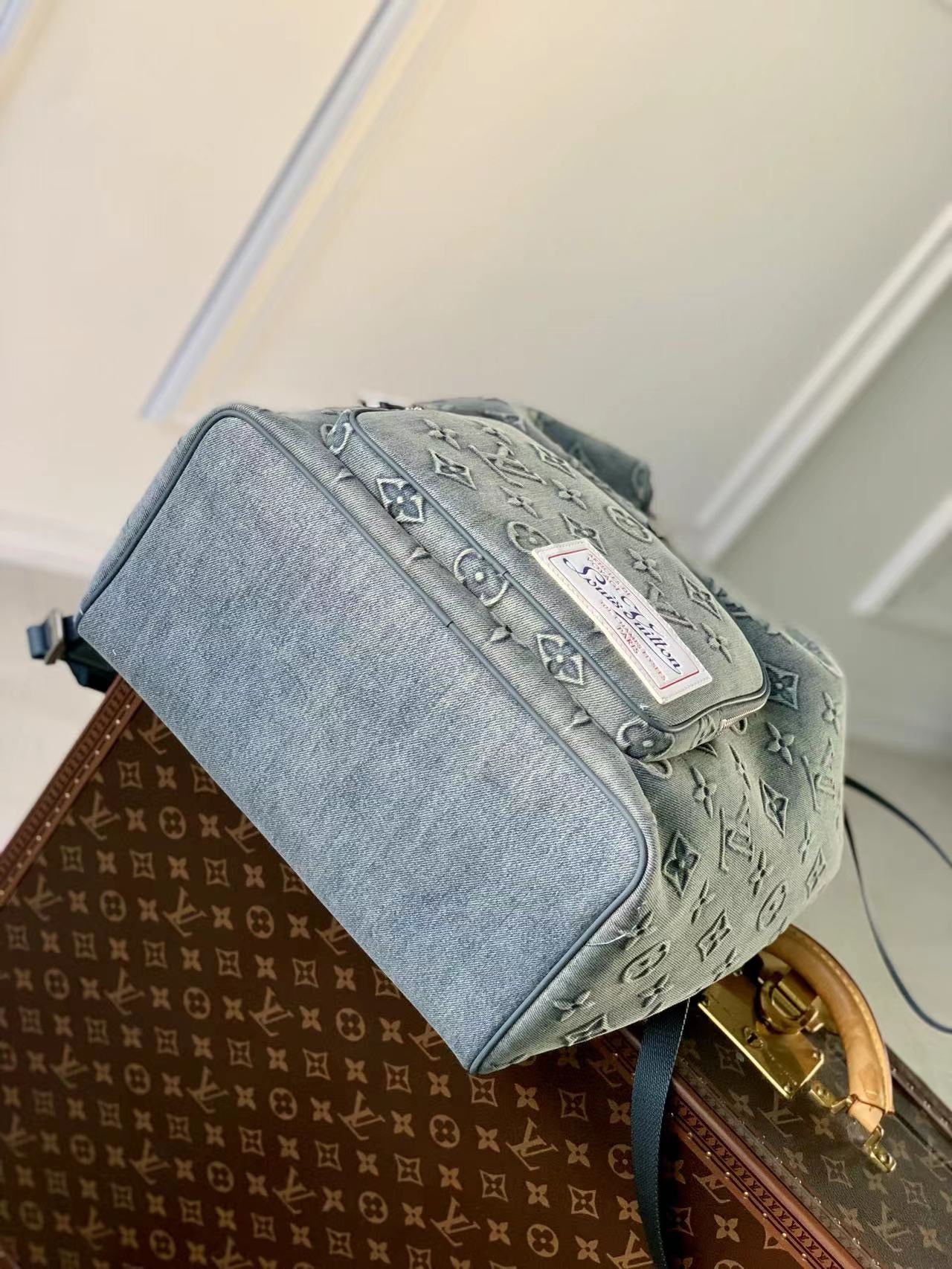 Louis Vuitton Light Grey Embossed Monogram Leather Backpack with Buckle Flap