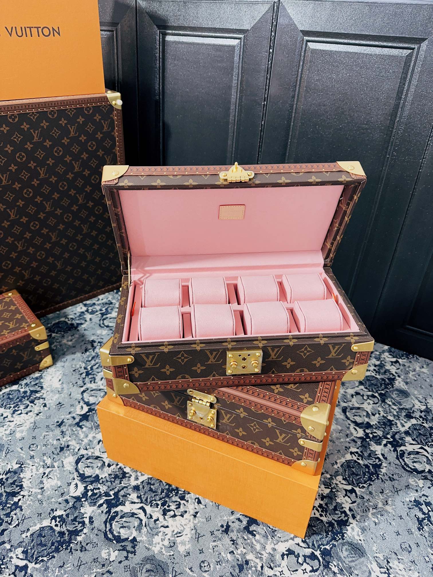 Vintage Monogram Canvas 8-Slot Watch Box Organizer with Pink Lining