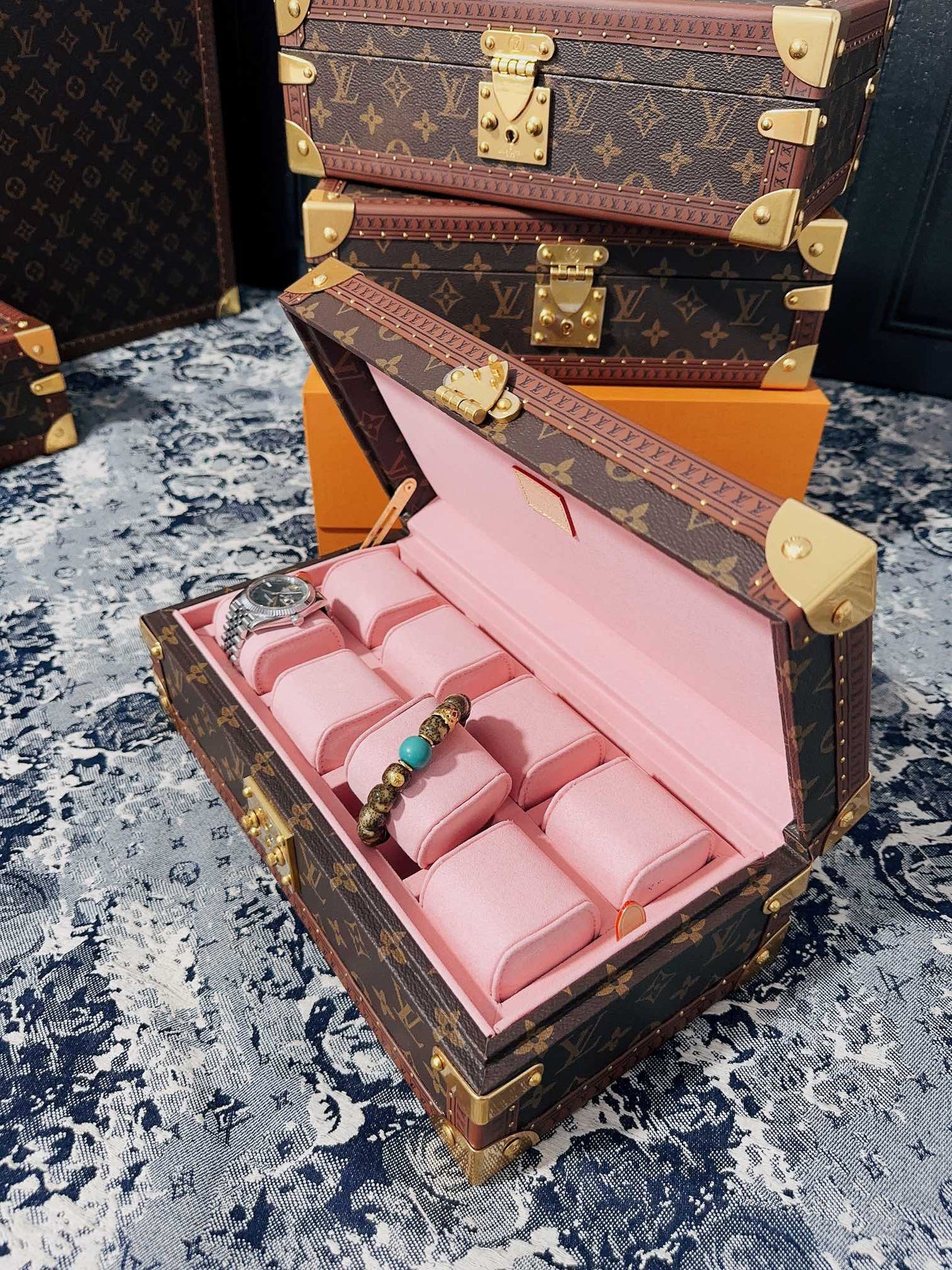 Vintage Monogram Canvas 8-Slot Watch Box Organizer with Pink Lining