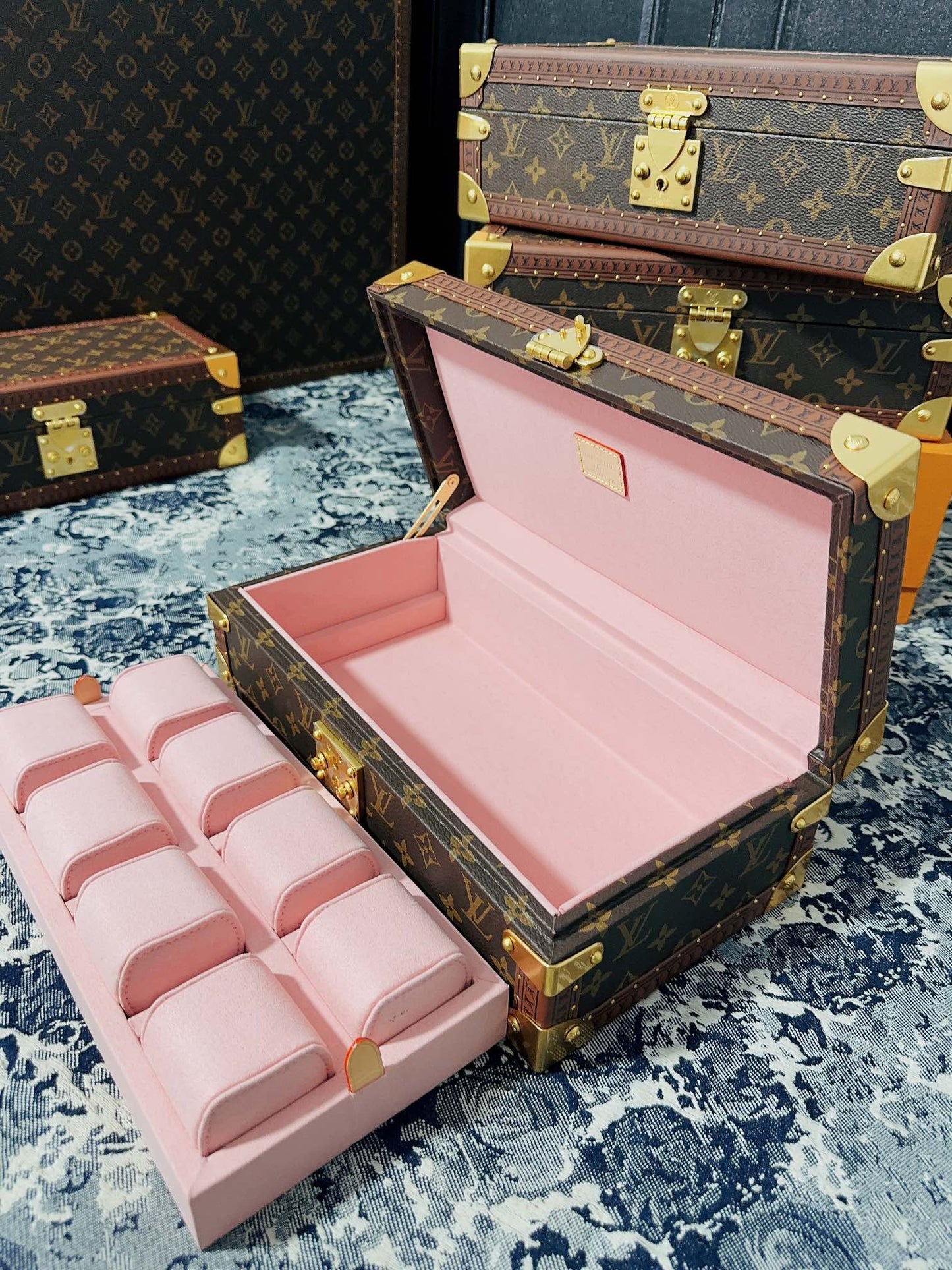 Vintage Monogram Canvas 8-Slot Watch Box Organizer with Pink Lining