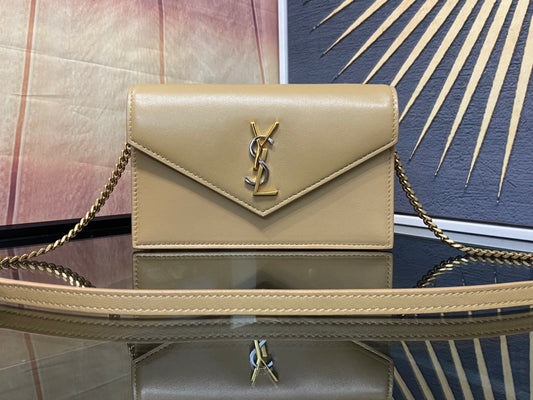 Saint Laurent Cassandre Wallet on Chain in Tan Smooth Leather