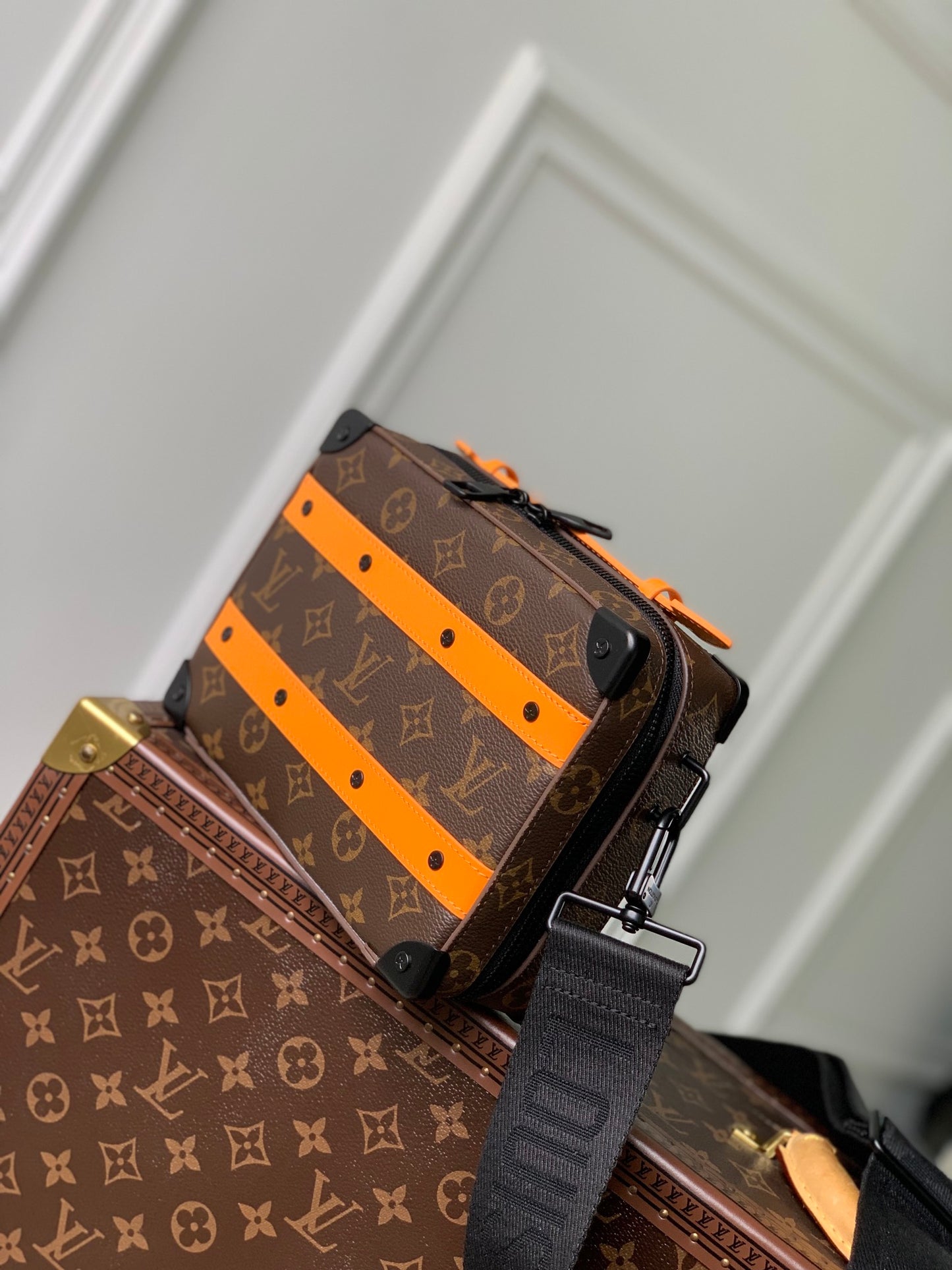 Louis Vuitton Vintage Monogram Pattern Trunk Messenger Bag with Orange Trim