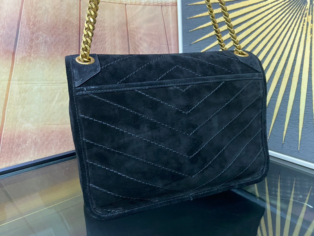 Saint Laurent Loulou Medium Shoulder Bag in Black Quilted Suede with Silver Hardware