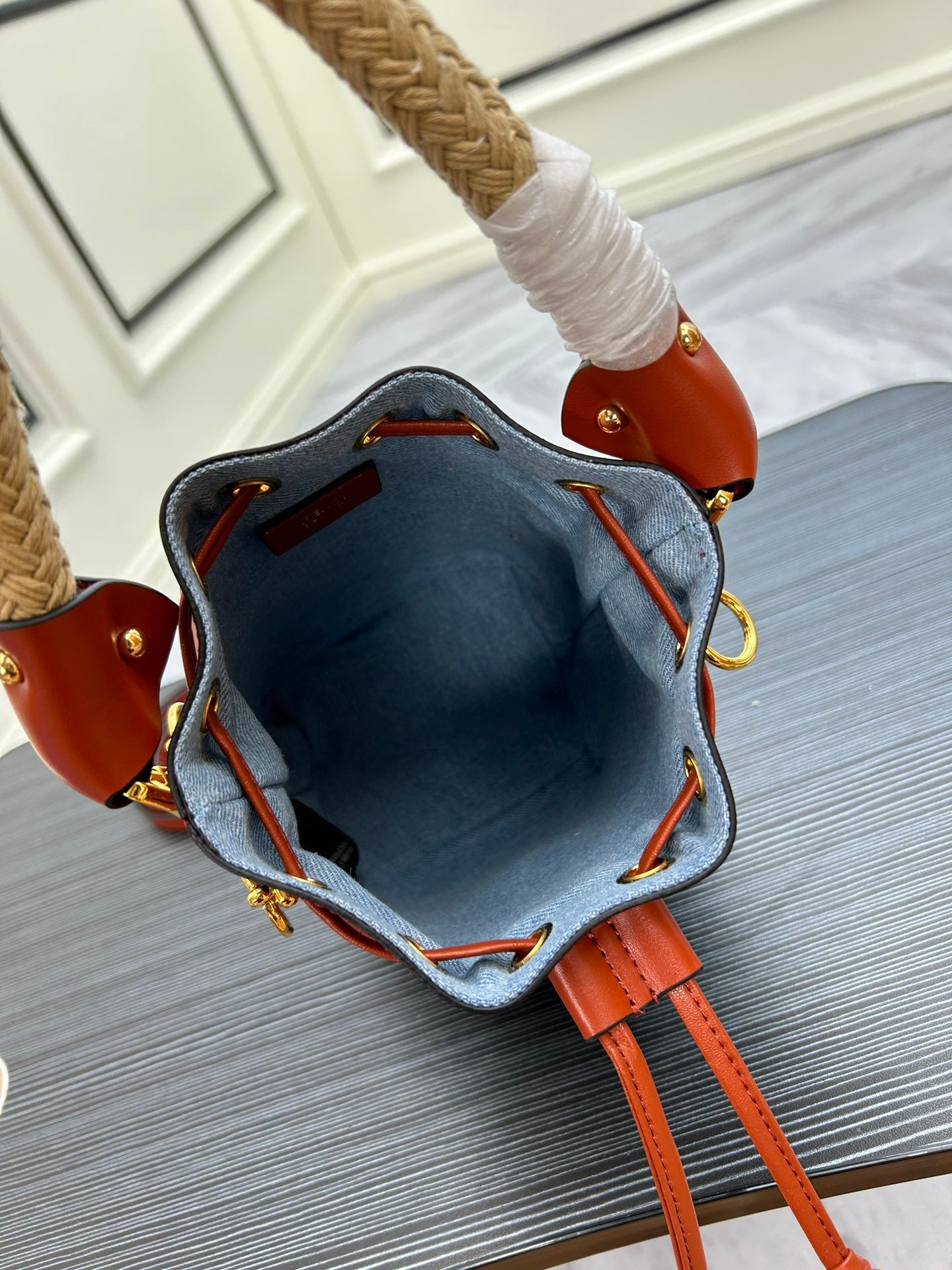 Designer Style Mini Monogram Bucket Bag - Blue Canvas &amp; Brown Leather - 18cm