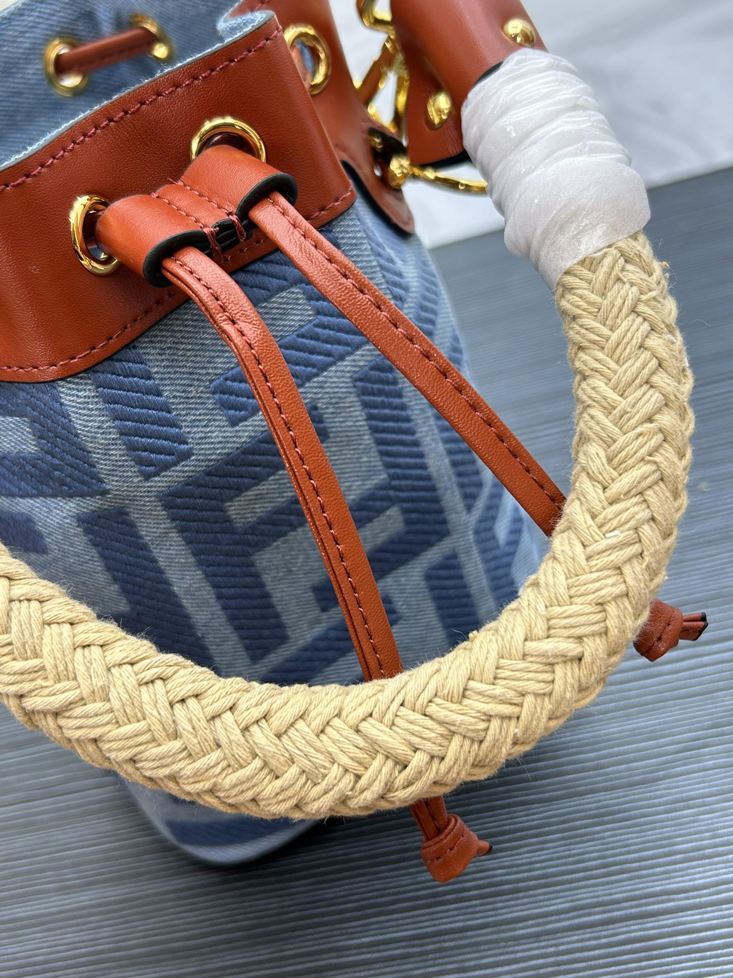 Designer Style Mini Monogram Bucket Bag - Blue Canvas &amp; Brown Leather - 18cm