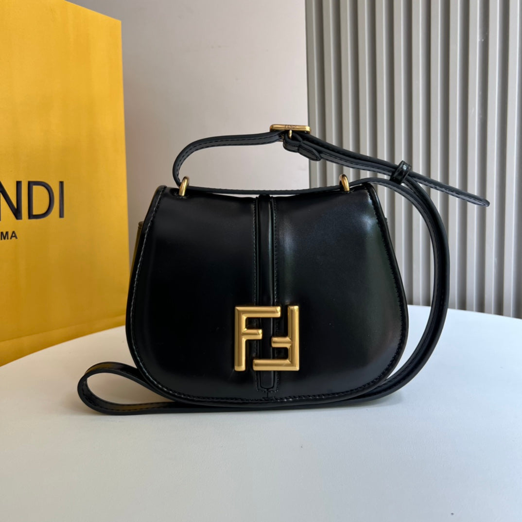 Fendi C'mon Small Black Leather Shoulder Bag with Gold Hardware