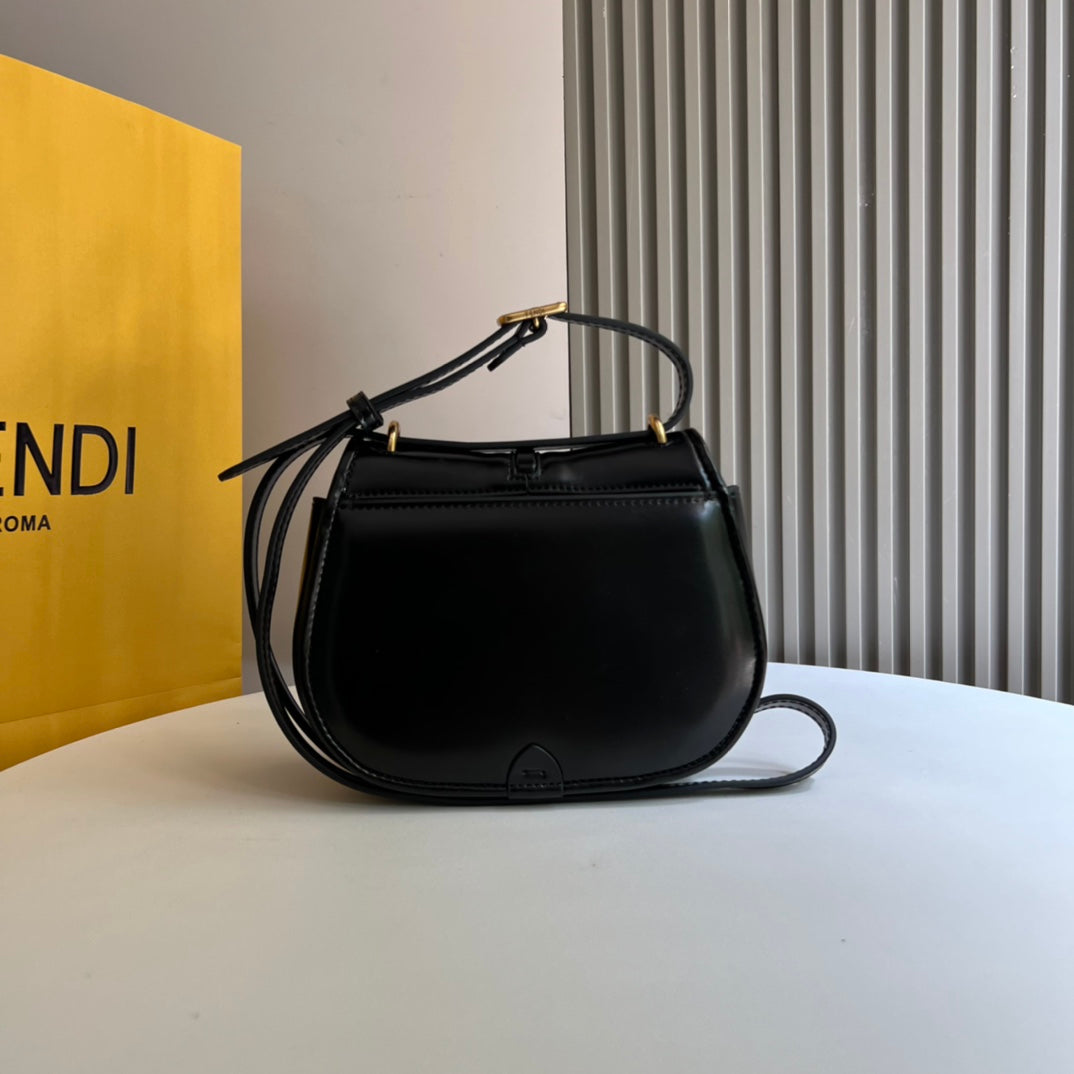Fendi C'mon Small Black Leather Shoulder Bag with Gold Hardware