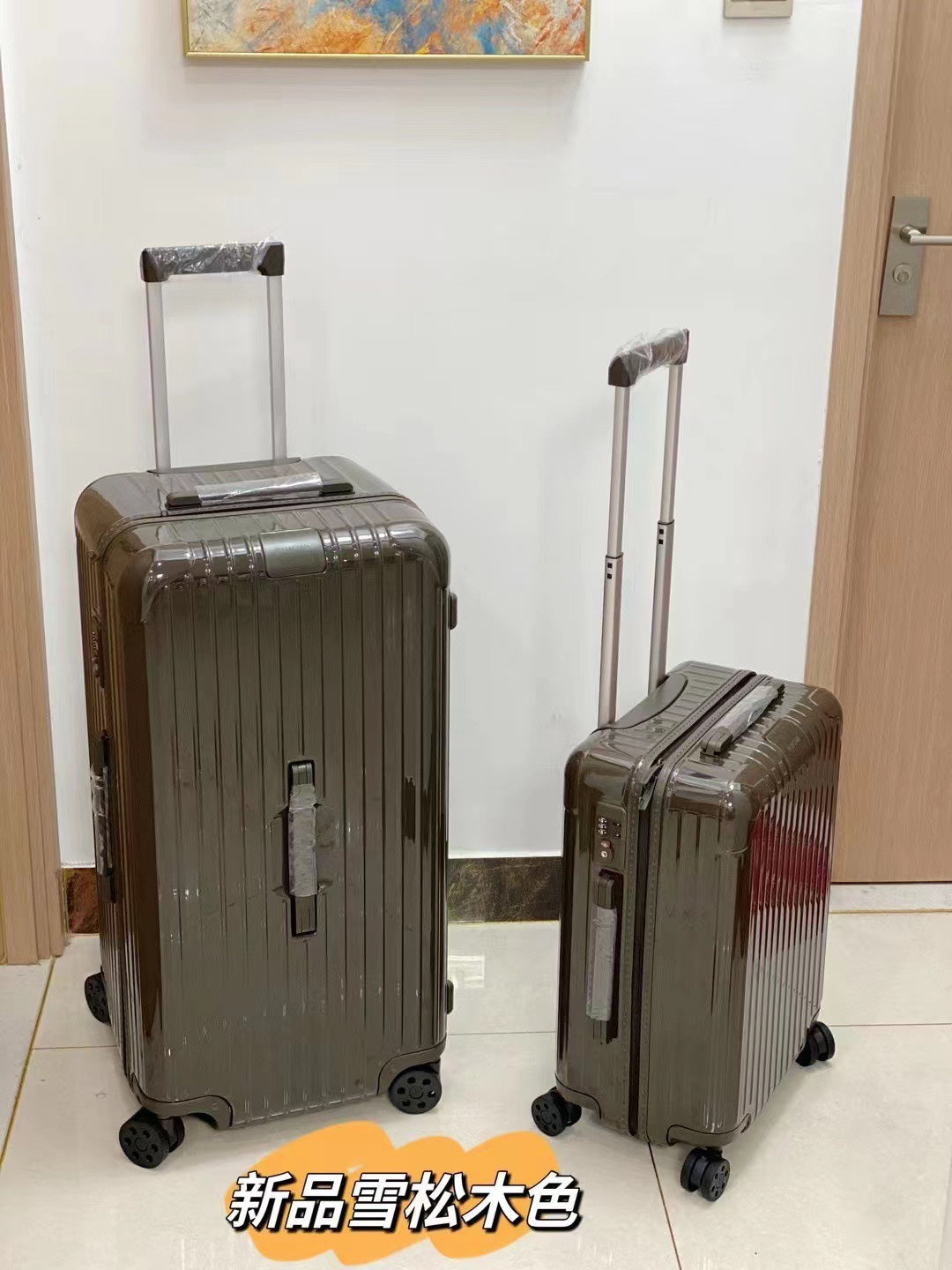 Glossy Ribbed Hardside Spinner Luggage Set in Olive Green