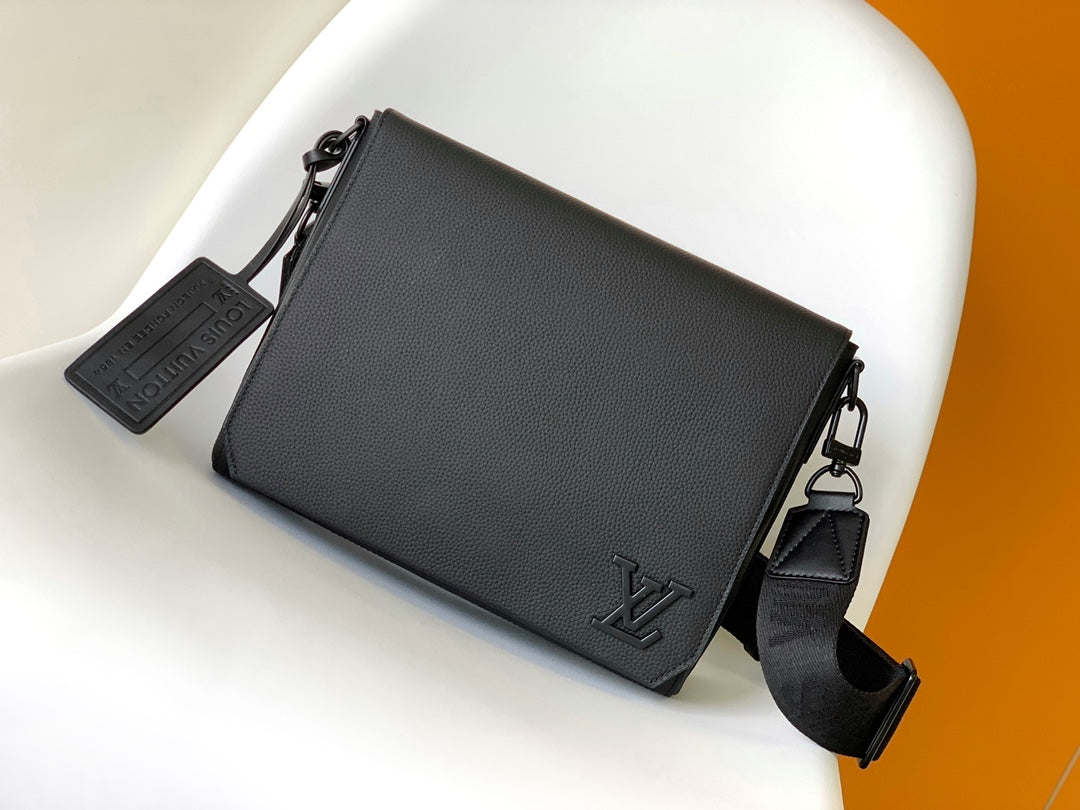Louis Vuitton Minimalist Black Leather Messenger Bag with Wide Crossbody Strap
