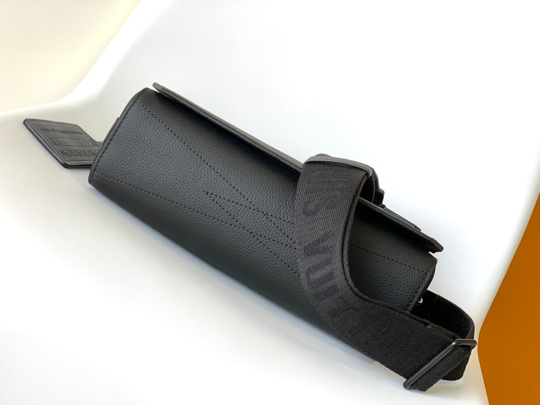Louis Vuitton Minimalist Black Leather Messenger Bag with Wide Crossbody Strap