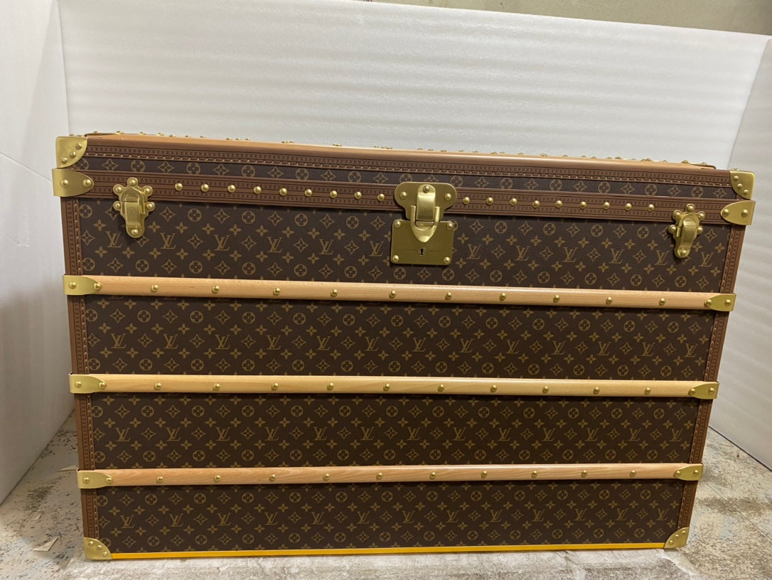 Vintage Monogram Pattern Steamer Trunk with Brass Hardware