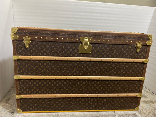 Vintage Monogram Pattern Steamer Trunk with Brass Hardware