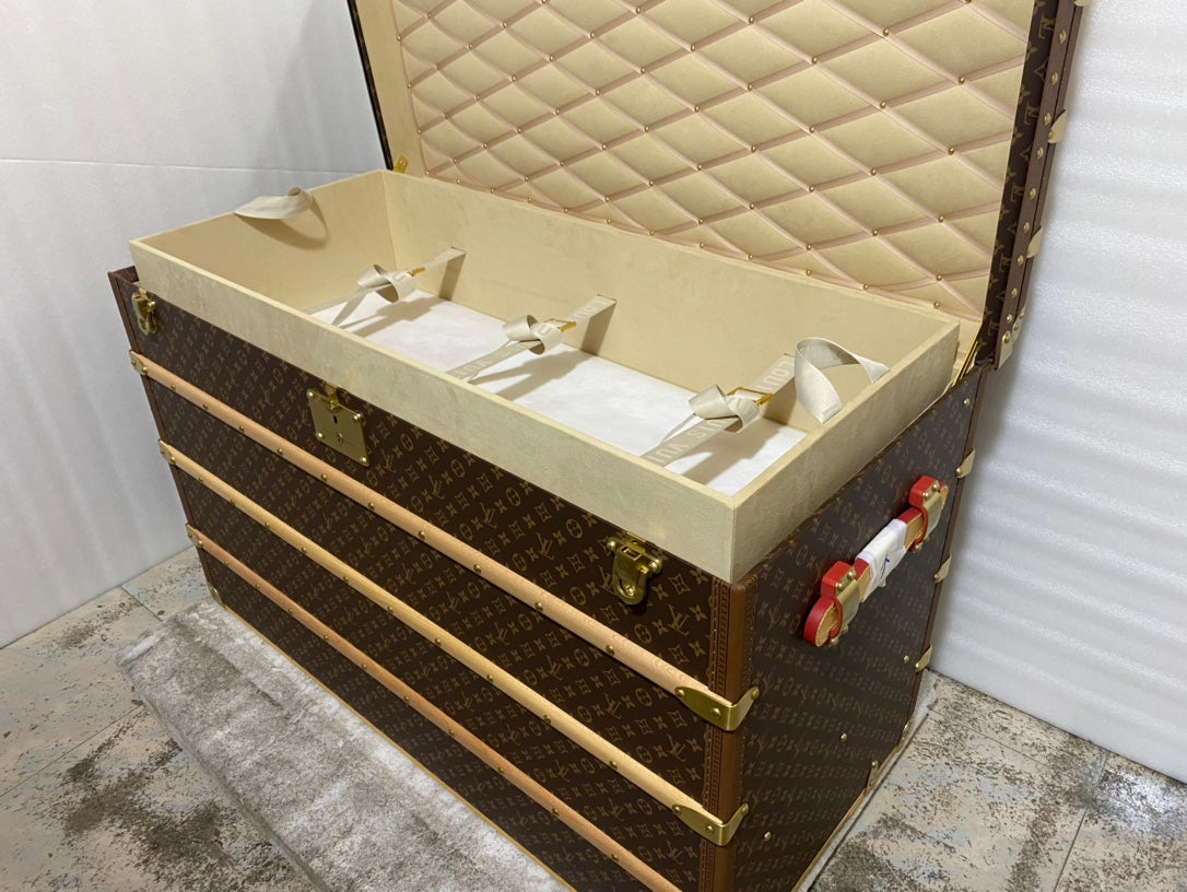 Vintage Monogram Pattern Steamer Trunk with Brass Hardware