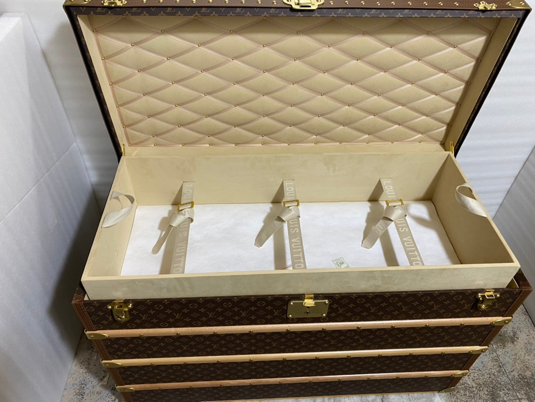 Vintage Monogram Pattern Steamer Trunk with Brass Hardware