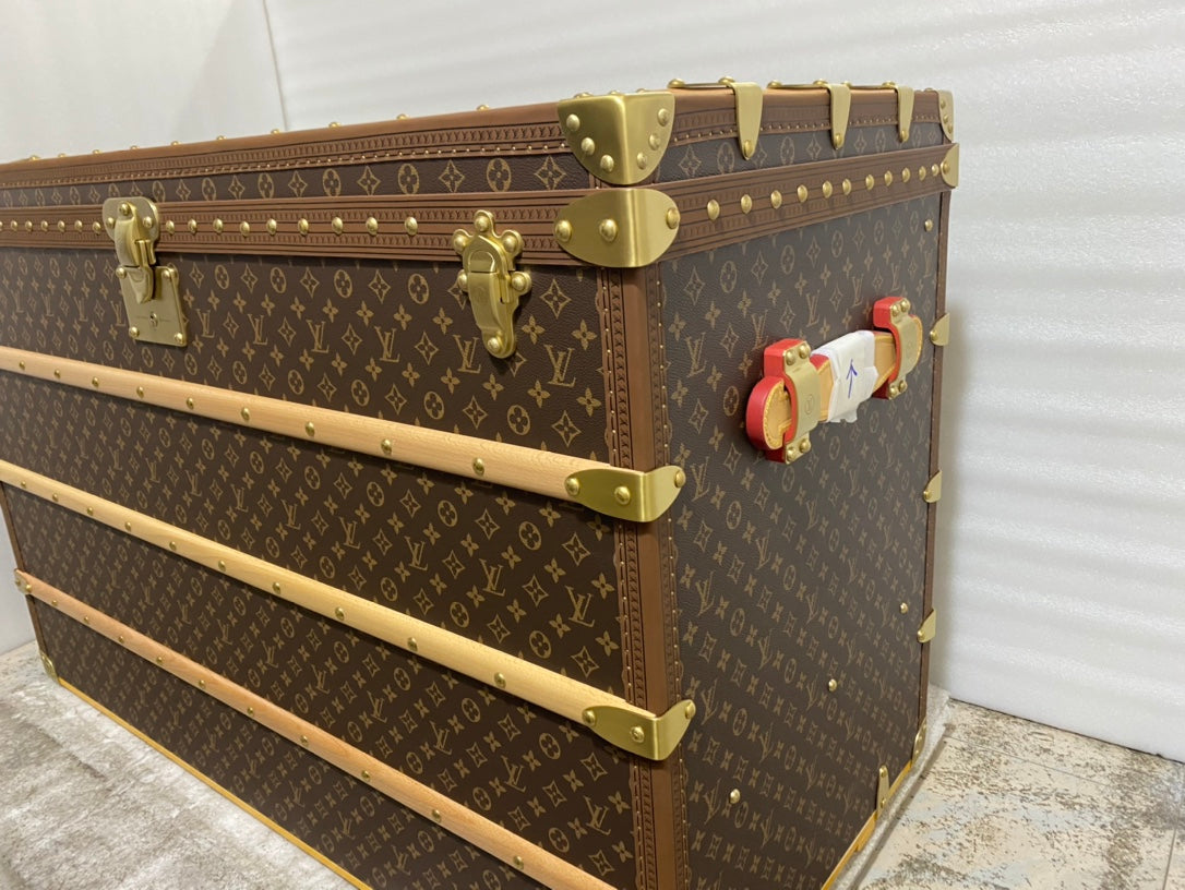 Vintage Monogram Pattern Steamer Trunk with Brass Hardware
