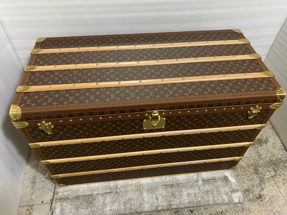 Vintage Monogram Pattern Steamer Trunk with Brass Hardware