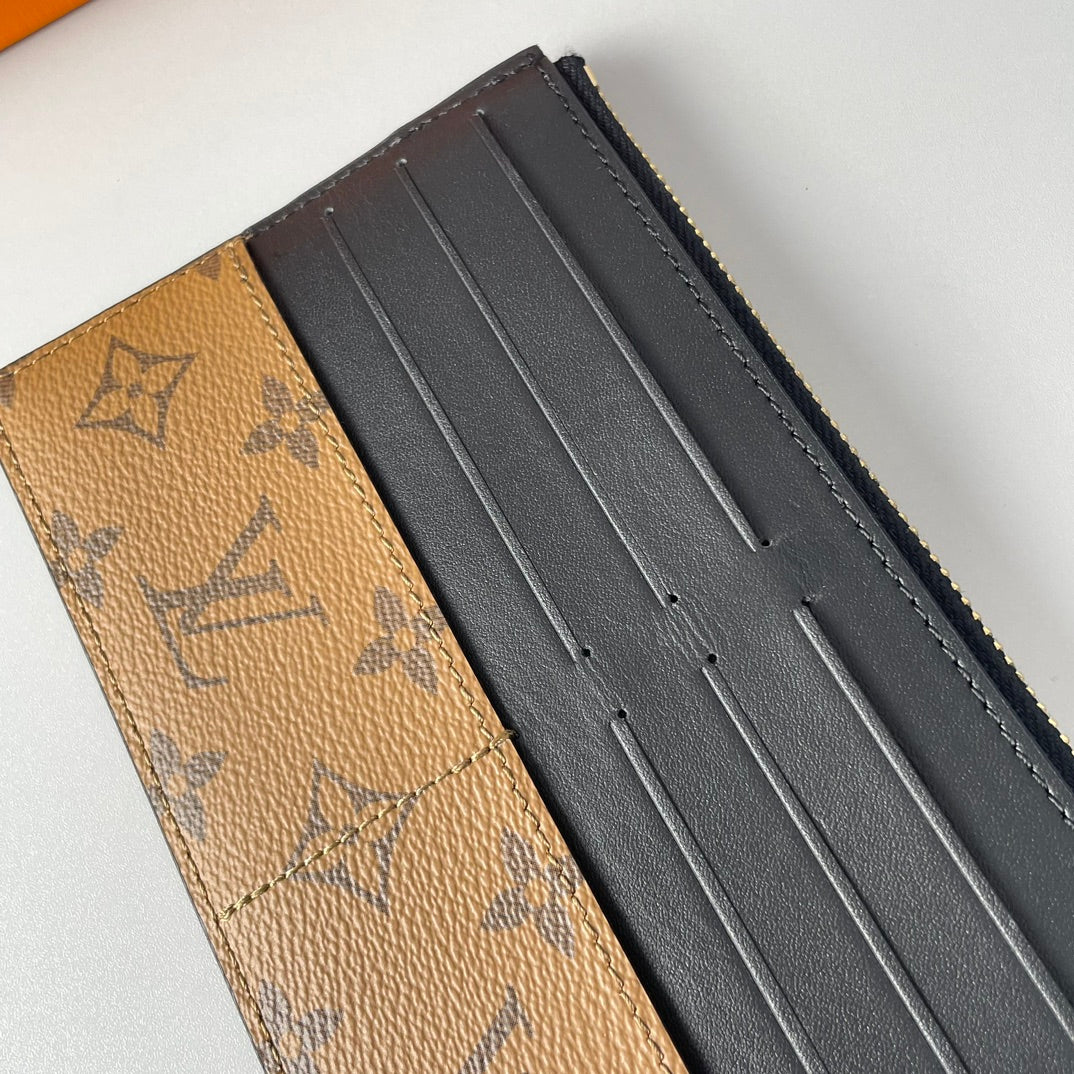 Louis Vuitton Classic Brown Monogram Print Slim Wallet with Black Leather Trim
