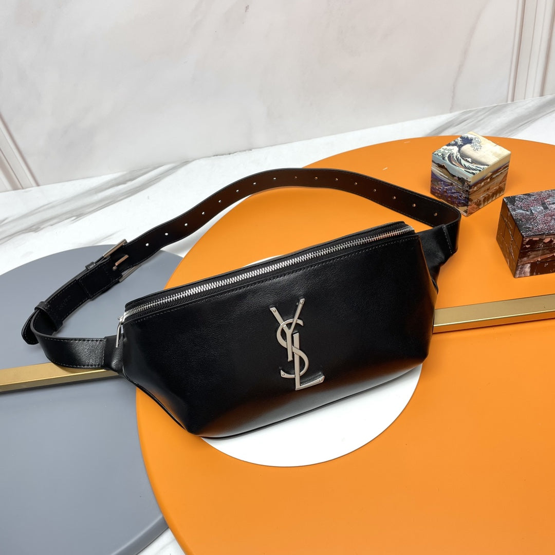 Saint Laurent Monogram Belt Bag in Shiny Black Leather with Silver Hardware
