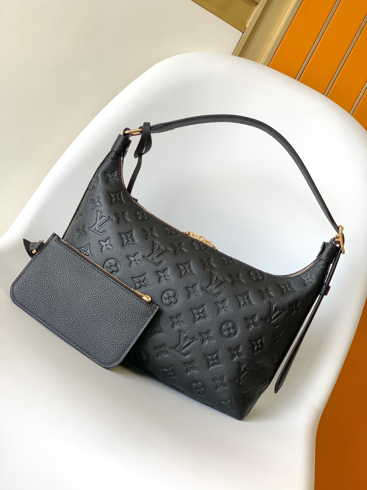 Louis Vuitton Classic Black Embossed Leather Shoulder Bag with Gold Hardware