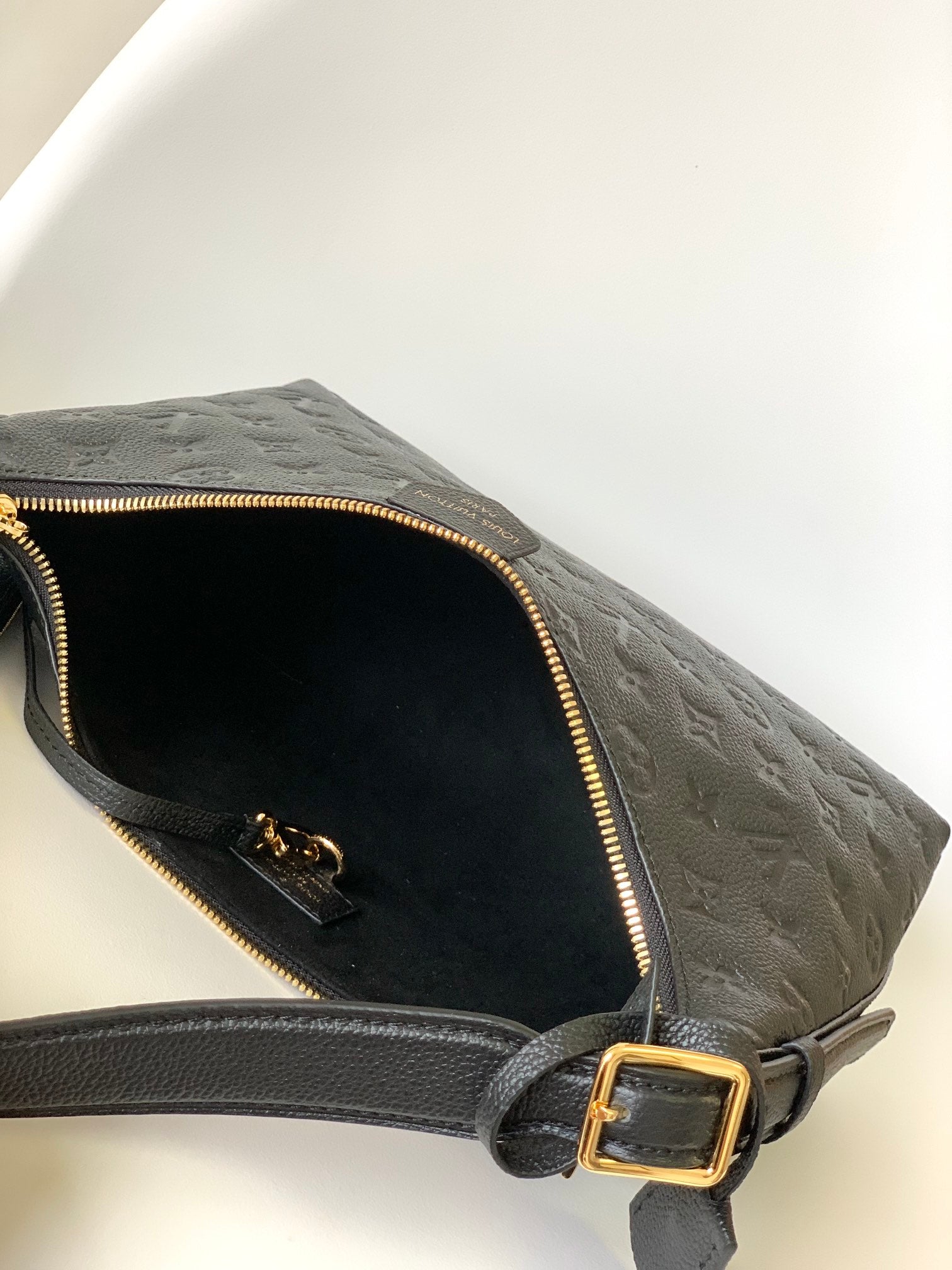 Louis Vuitton Classic Black Embossed Leather Shoulder Bag with Gold Hardware