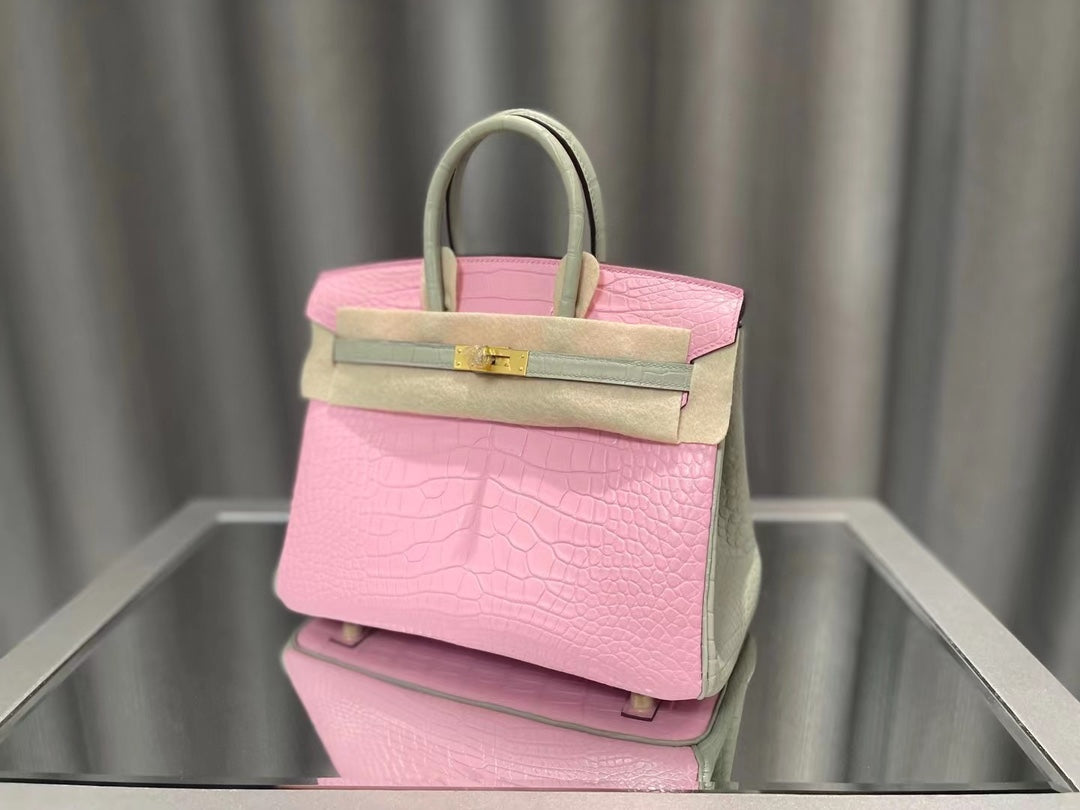 Luxury Pink Crocodile Embossed Leather Handbag - Elegant Top Handle Bag with Gold Hardware