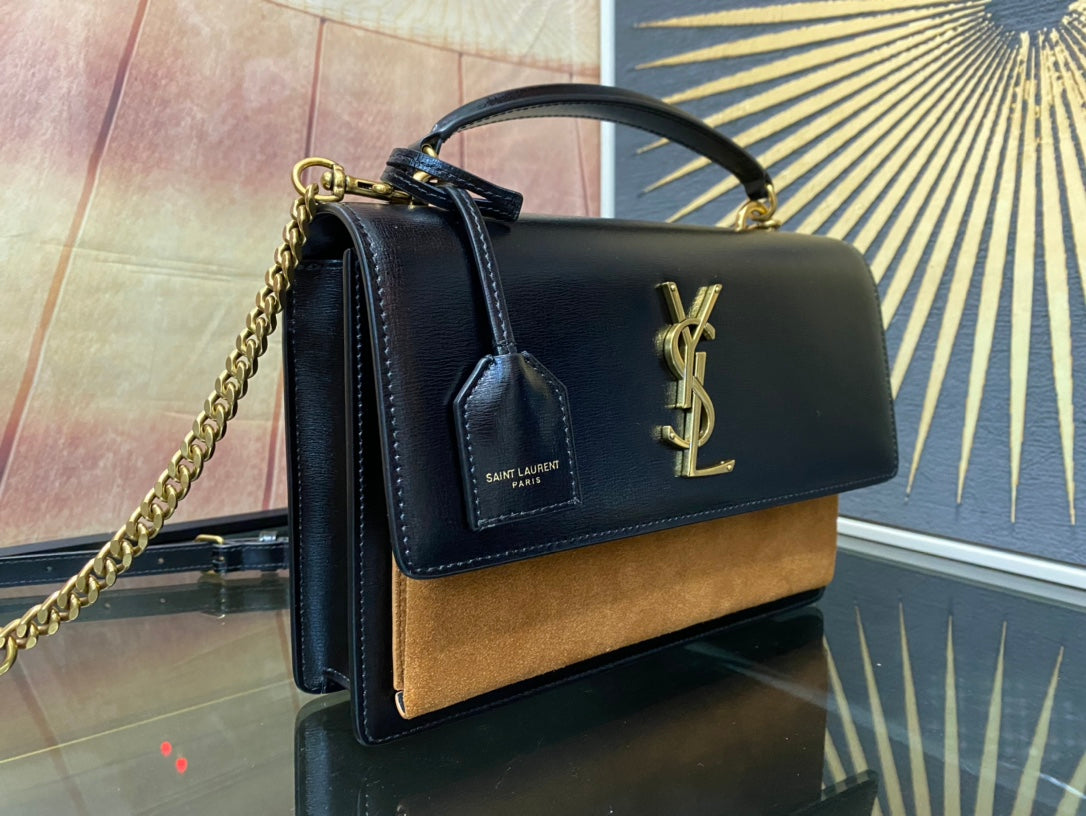 Saint Laurent Sunset Medium Shoulder Bag in Black Leather and Tan Suede