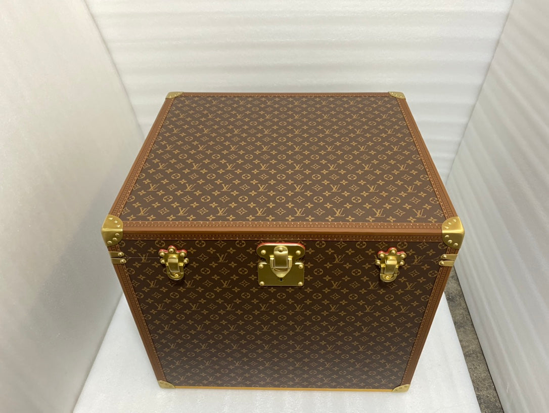 Vintage Monogram Pattern Square Storage Trunk with Gold Hardware