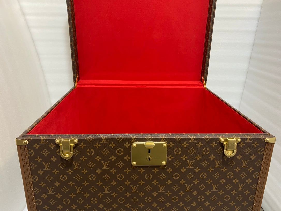 Vintage Monogram Pattern Square Storage Trunk with Gold Hardware