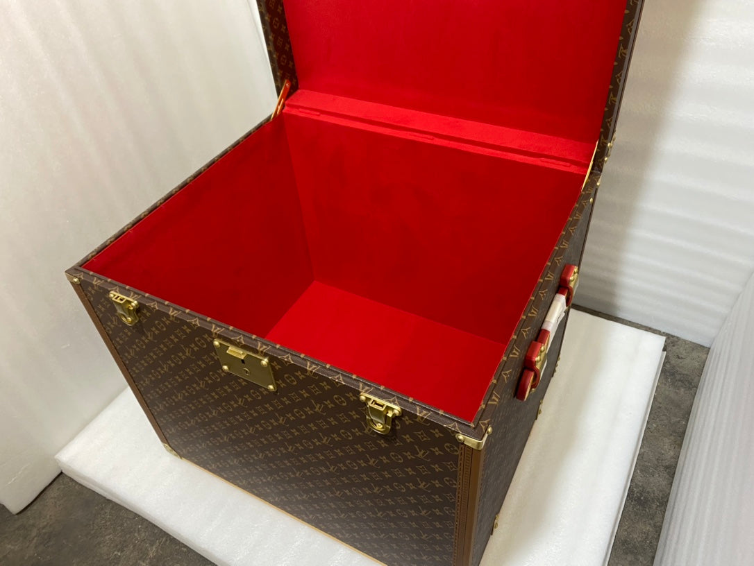 Vintage Monogram Pattern Square Storage Trunk with Gold Hardware