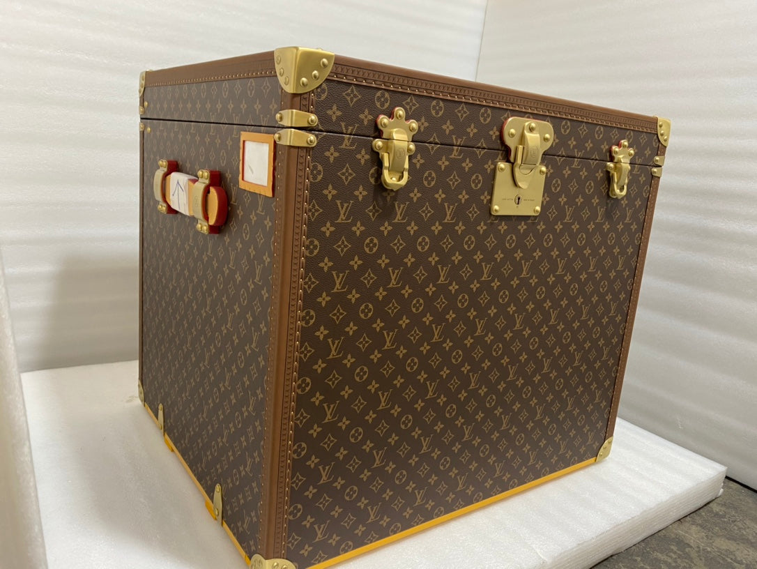 Vintage Monogram Pattern Square Storage Trunk with Gold Hardware