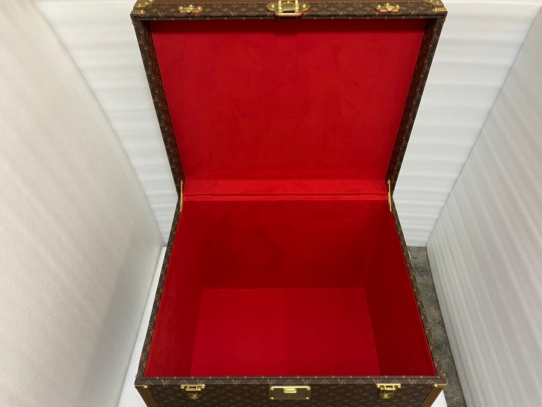 Vintage Monogram Pattern Square Storage Trunk with Gold Hardware